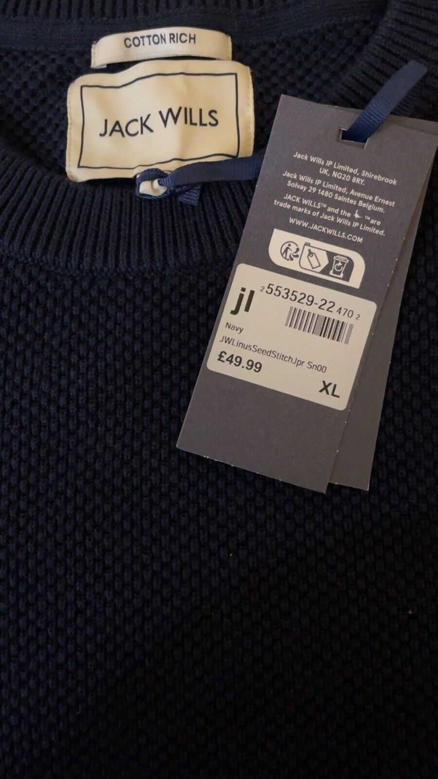 Jack Wills Mens Linus Seed Stitch Crew Neck Jumper Sweater Pullover Navy XL