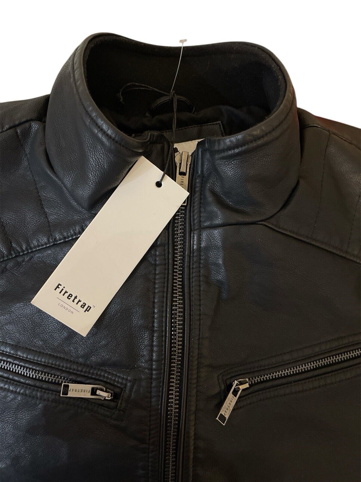 Firetrap Mens Jacket Black PU Faux Leather Coat Top Zip Full 2XL RRP £130