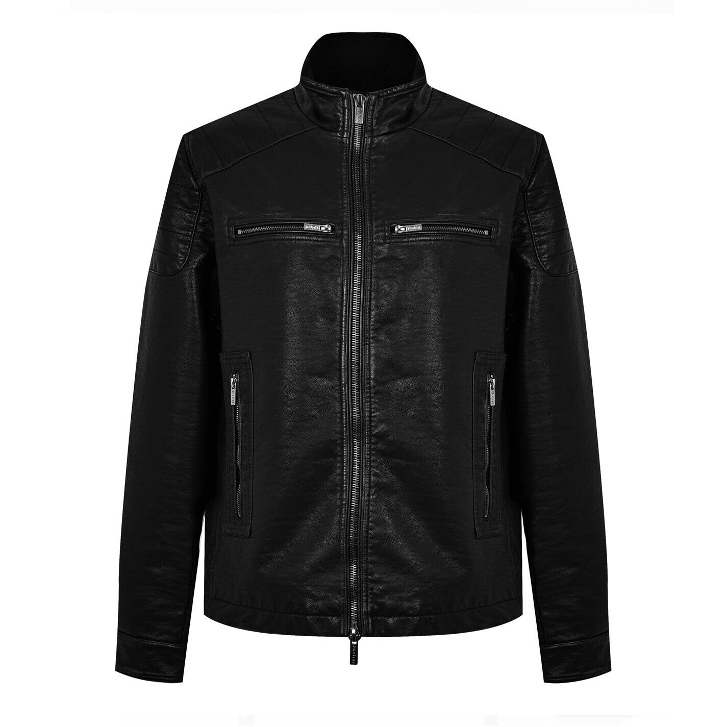 Firetrap Mens Jacket Black PU Faux Leather Coat Top Zip Full 2XL RRP £130