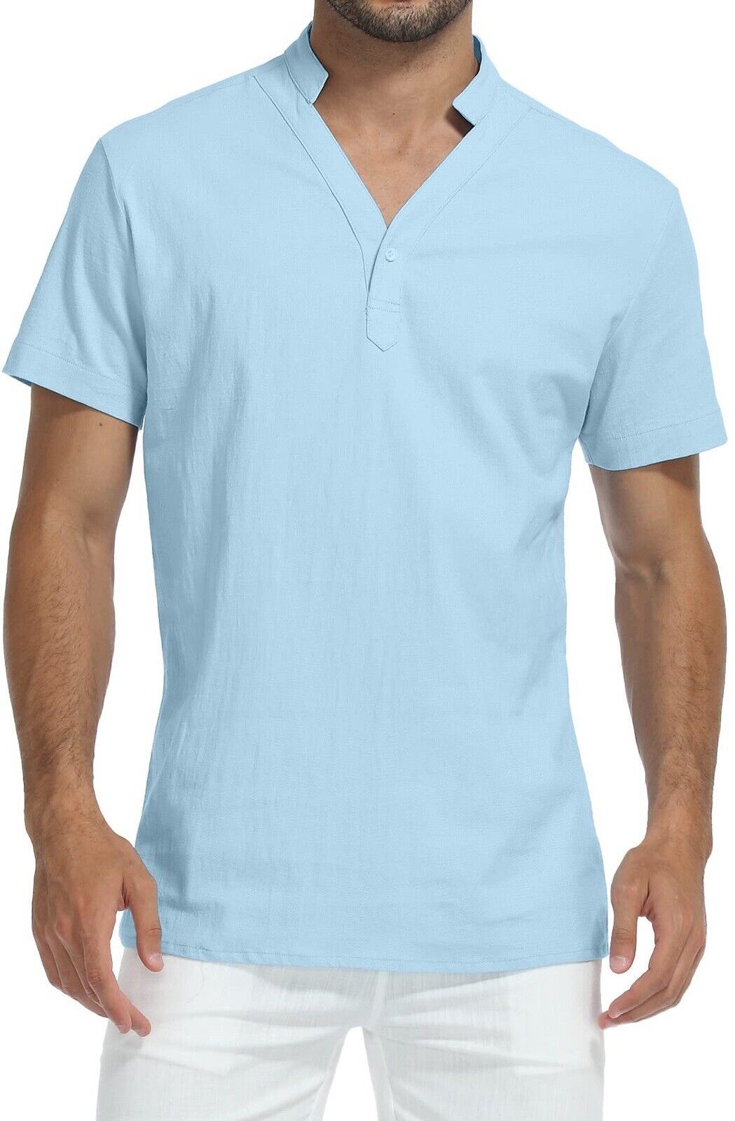 MLANM Men's Cotton Henley Shirt Short Sleeve Sky Blue Size Large