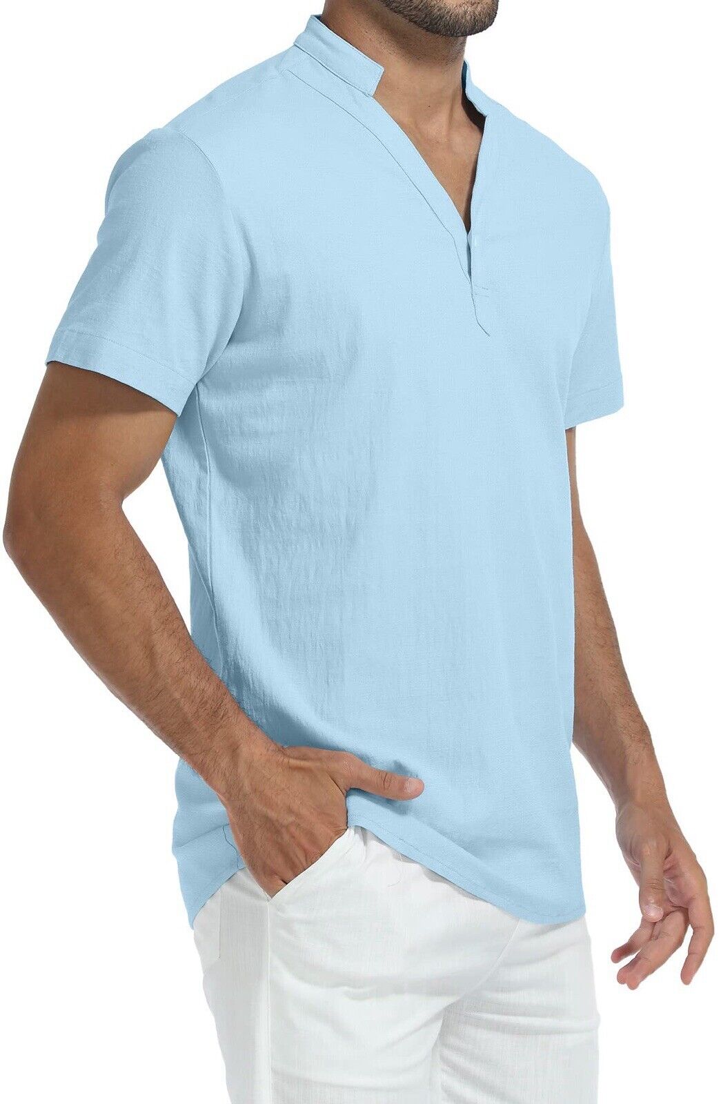 MLANM Men's Cotton Henley Shirt Short Sleeve Sky Blue Size Large