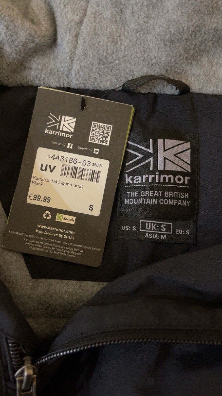 Karrimor 1/4 Zip Insulated Jacket Coat Mens Black Size UK Small