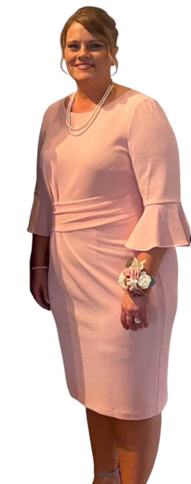 Adrianna Papell Rio Knit Draped Sheath Dress Women’s UK 10 Pink Ruffle Sleeve