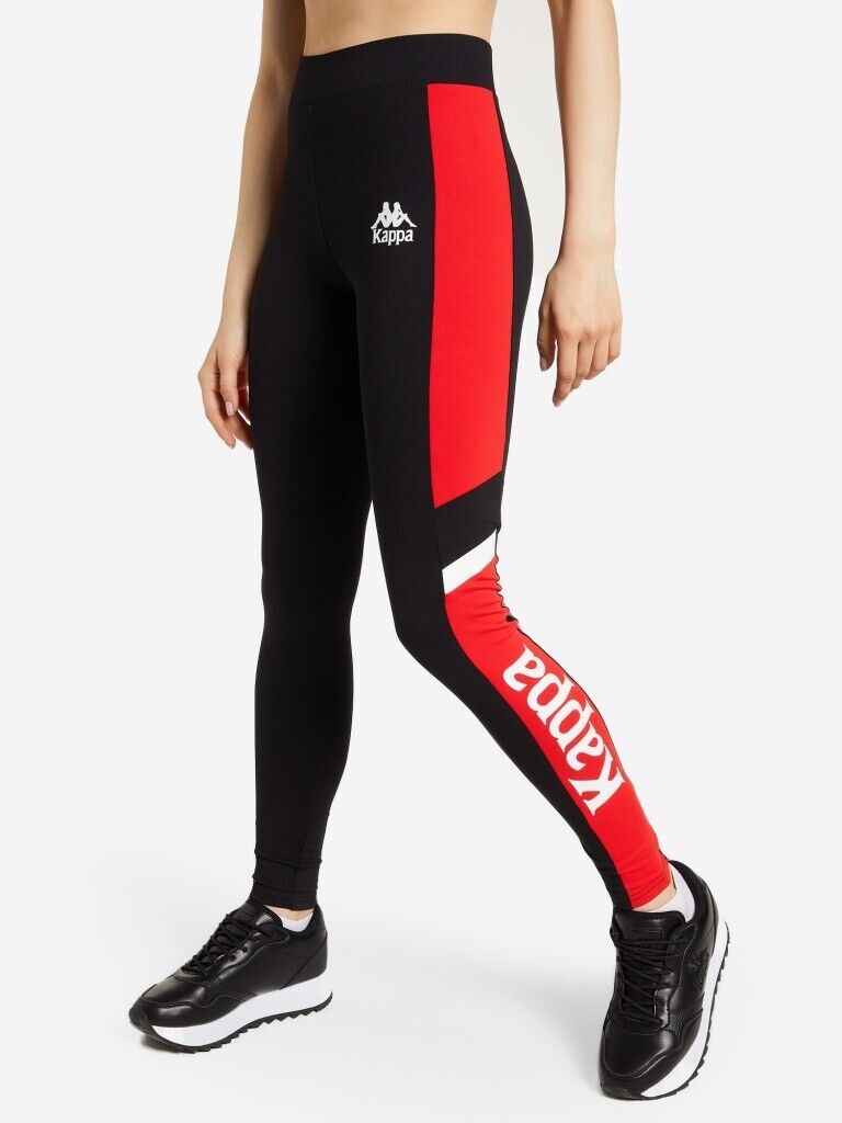 KAPPA Womens Graphic Leggings UK 10 Small Black Red Colourblock