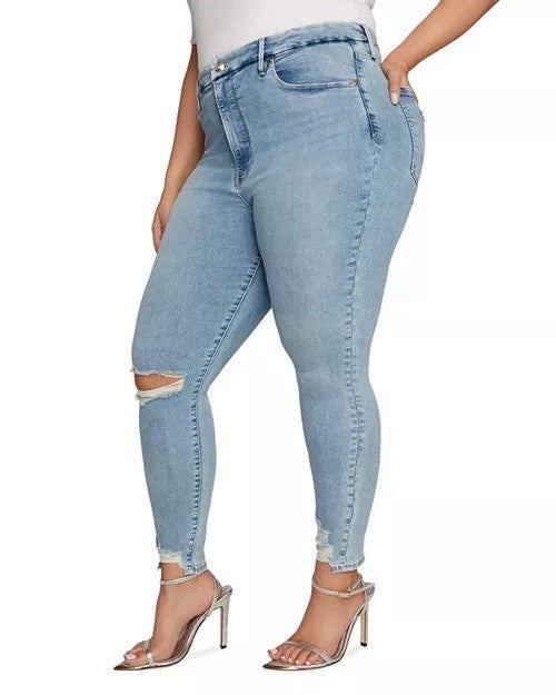GOOD AMERICAN Good Legs Skinny Crop Jeans Chewed Hem Blue616 UK 34 (US 30)