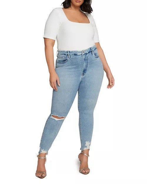 GOOD AMERICAN Good Legs Skinny Crop Jeans Chewed Hem Blue616 UK 34 (US 30)