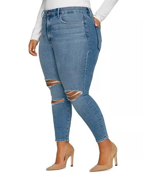 GOOD AMERICAN Good Legs Ripped Crop Skinny Jeans Blue617 UK 30 (US 26)