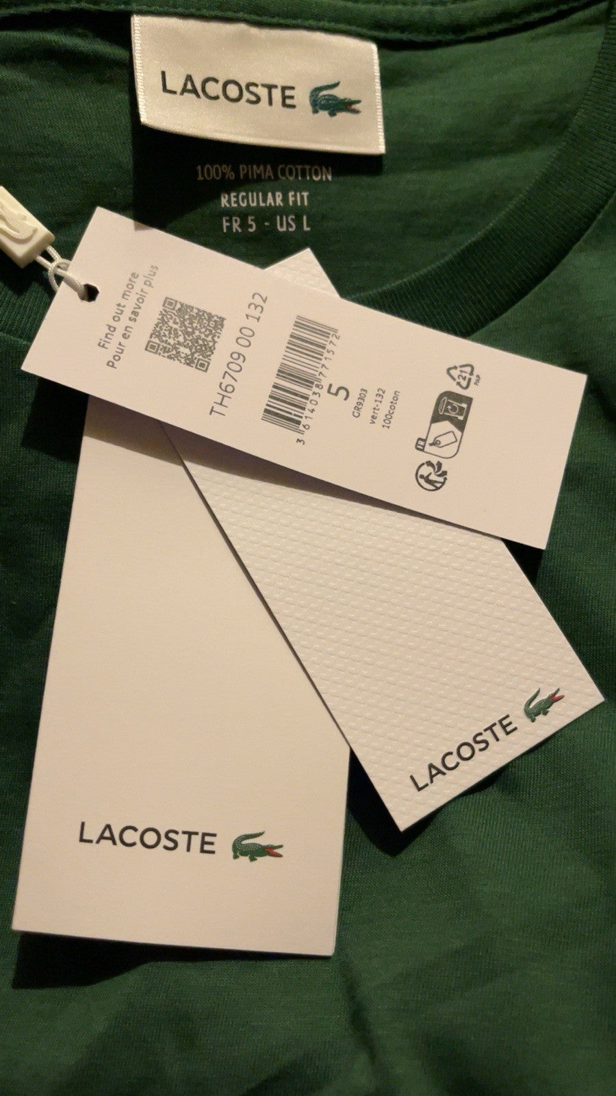 Lacoste Mens T-Shirt Crew Neck Short Sleeve Tee Green TH6709 Size Large