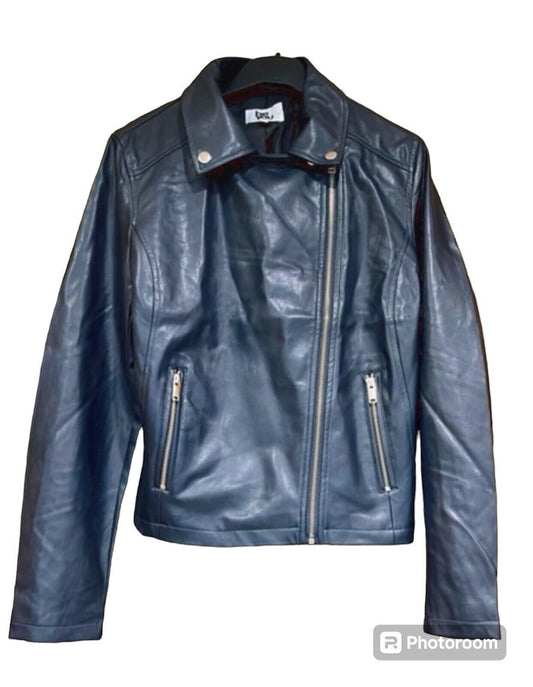 Be You Womens Biker Jacket Black Navy UK Faux Leather Size UK 12