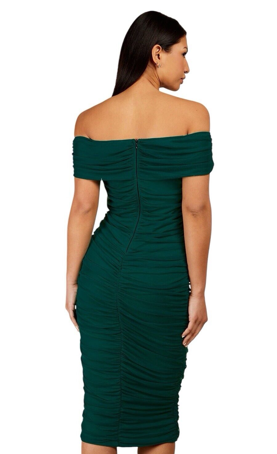 Little Mistress Hoxton Emerald Green Bardot Ruched Bodycon Midi Dress UK 14