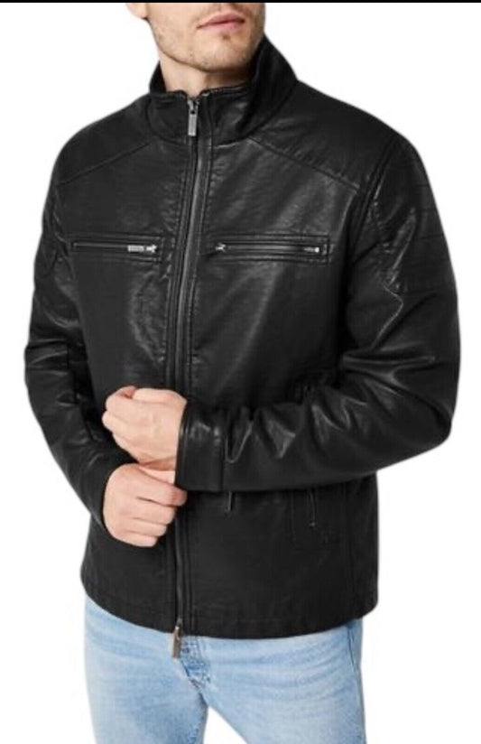 Firetrap Mens Jacket Black PU Faux Leather Coat Top Zip Full 2XL RRP £130
