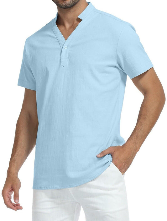 MLANM Men's Cotton Henley Shirt Short Sleeve Sky Blue Size Large