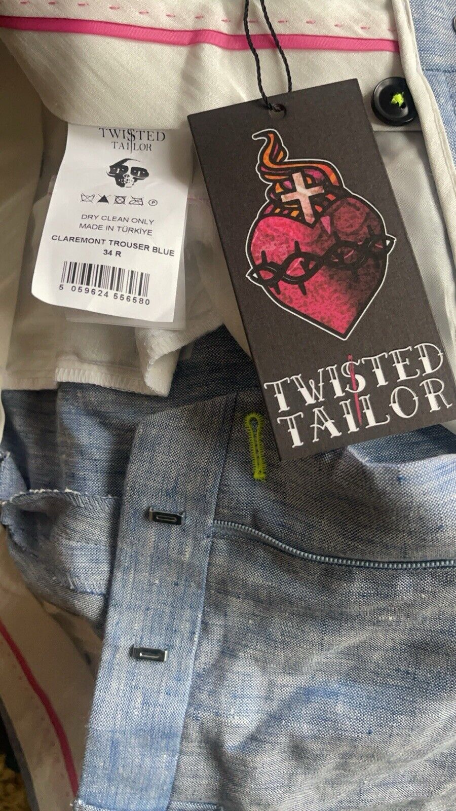 NWT TWISTED TAILOR Claremont Slim Fit Trousers Pants Blue Linen 34x30