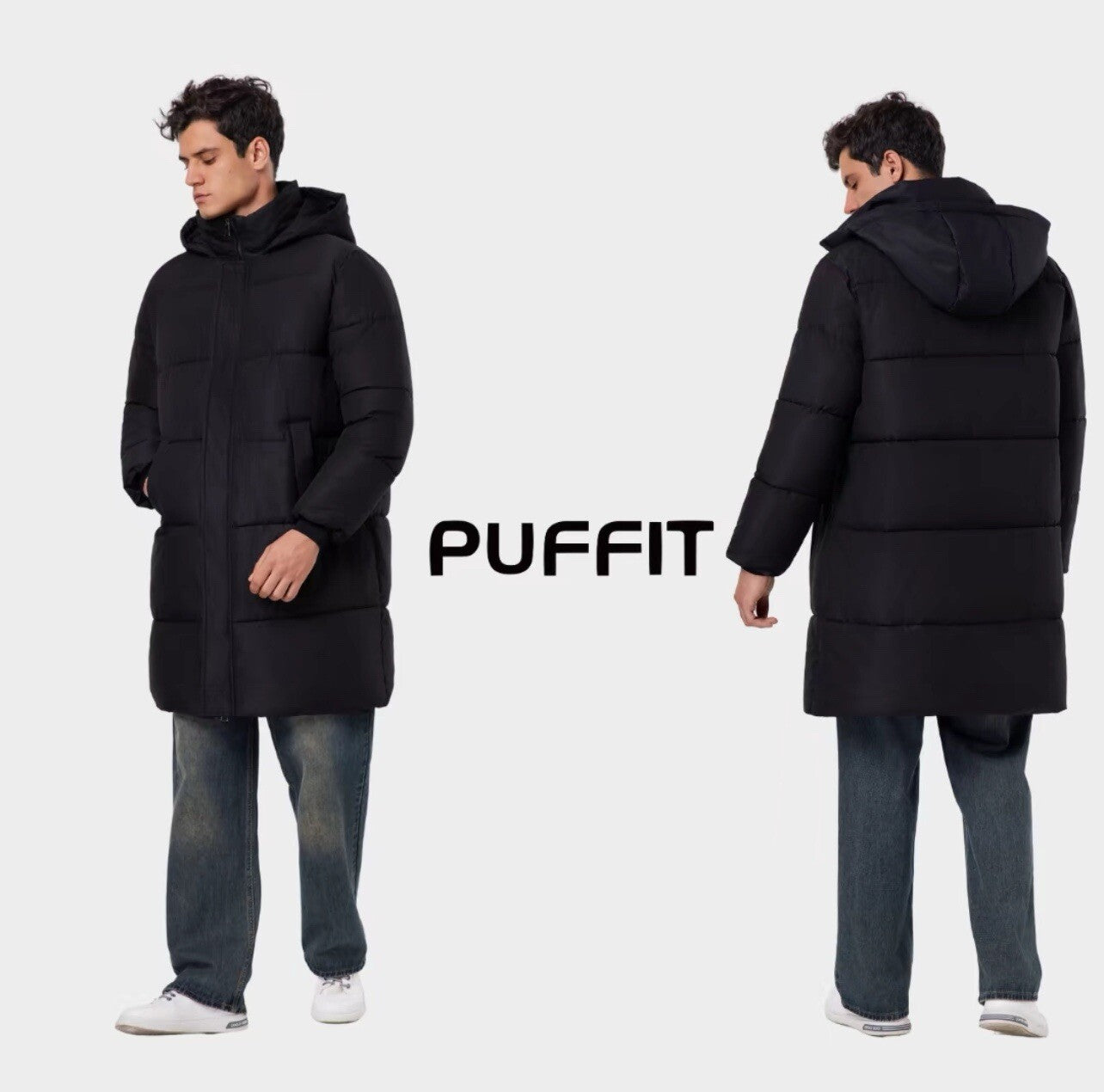 Puffit Hooded Puffer Jacket Coat Splashproof Menswear Black Size XL