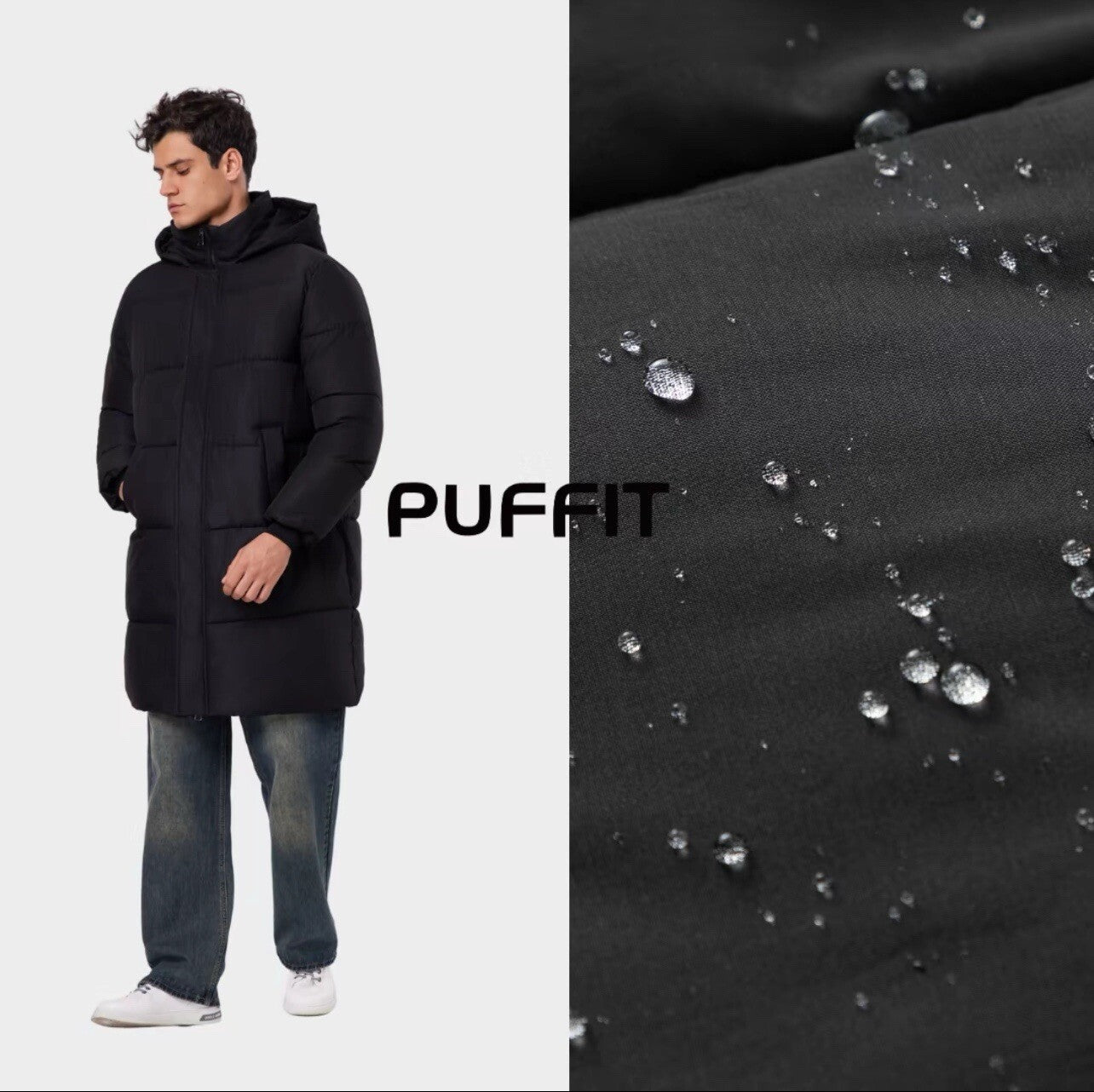 Puffit Hooded Puffer Jacket Coat Splashproof Menswear Black Size XL