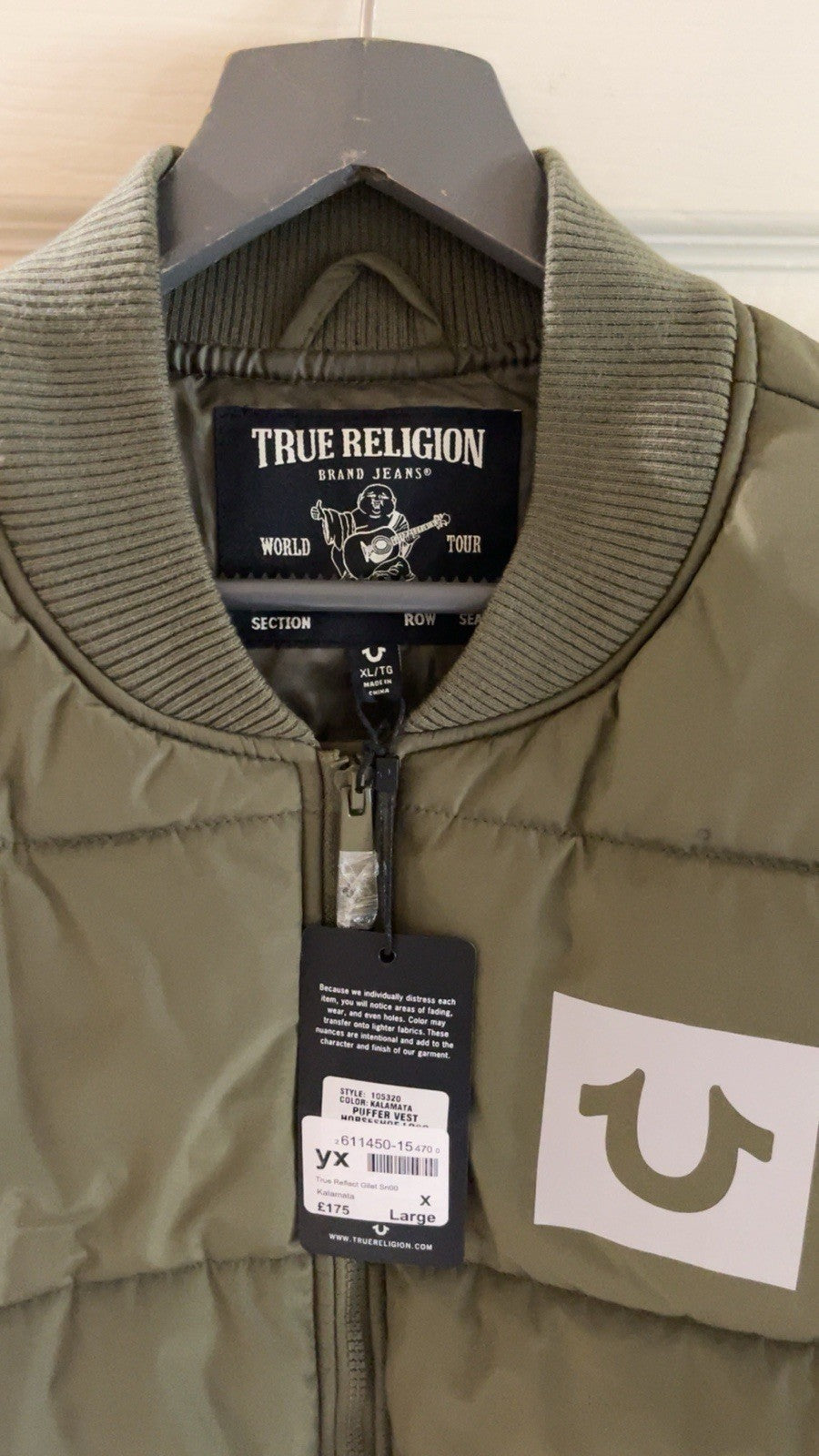 True Religion Mens Gilet Body warmer Green Kalamata Horseshoe Size XL RRP £175