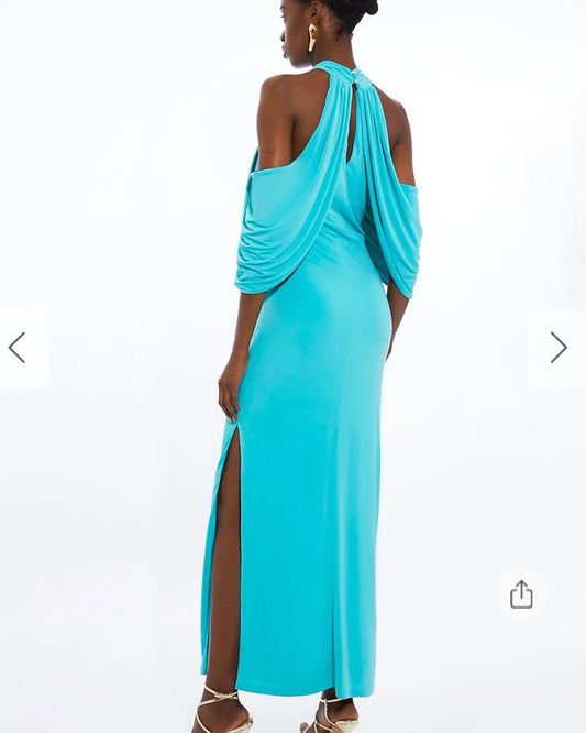 Karen Millen Jersey Crepe Cold Shoulder Midi Dress Aqua Size Small RRP £130
