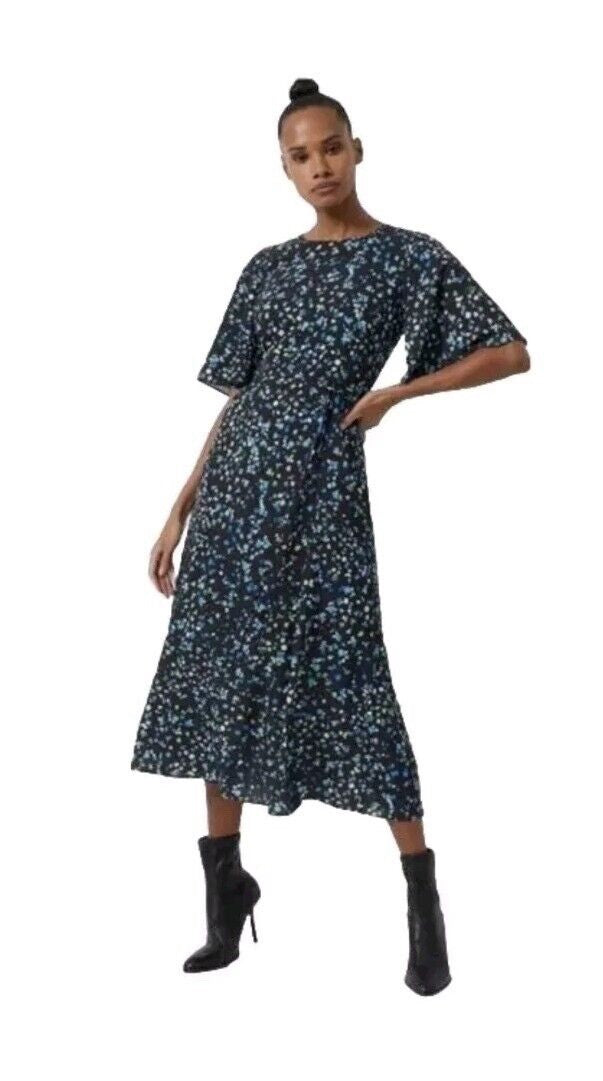 French Connection Shea Verona Boat Neck Midi A-Line Dress in Black Multi RRP £95