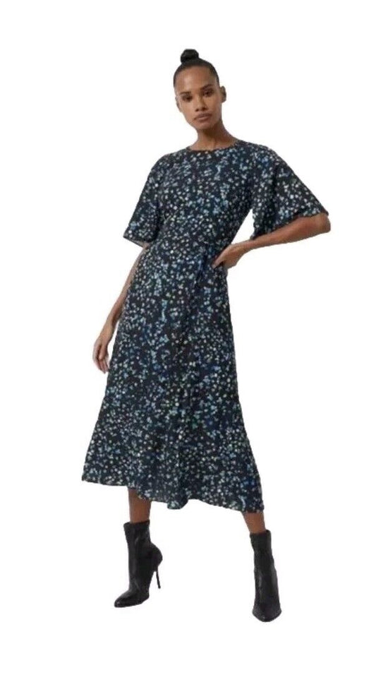 French Connection Shea Verona Boat Neck Midi A-Line Dress in Black Multi RRP £95