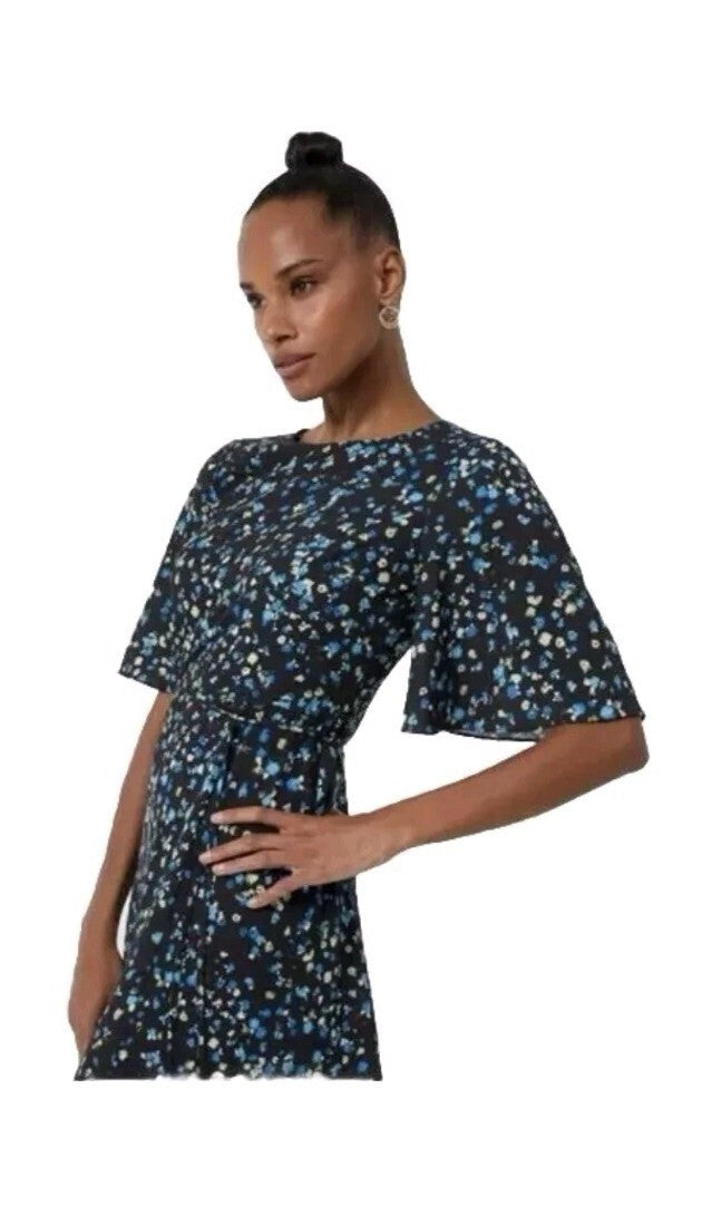French Connection Shea Verona Boat Neck Midi A-Line Dress in Black Multi RRP £95