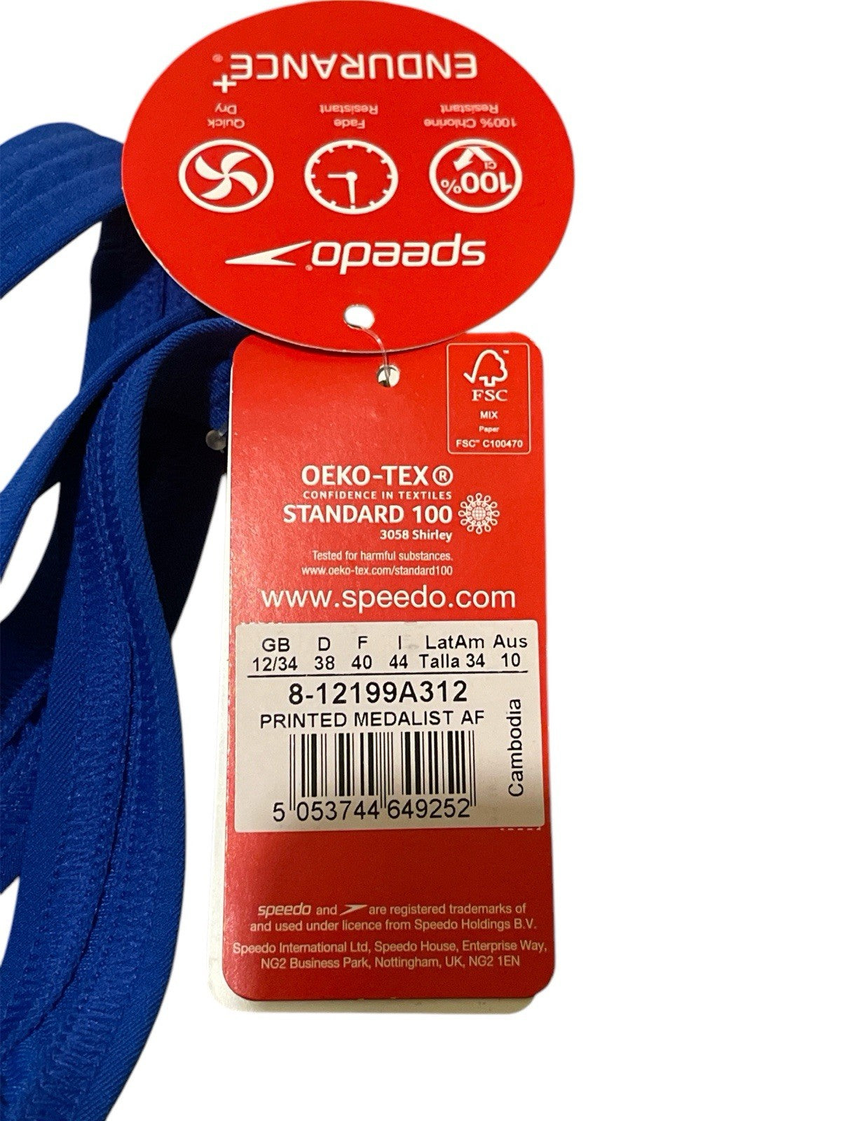 SPEEDO Womens One Piece Swimming Costume Printed Medalist AF Blue UK 12 34
