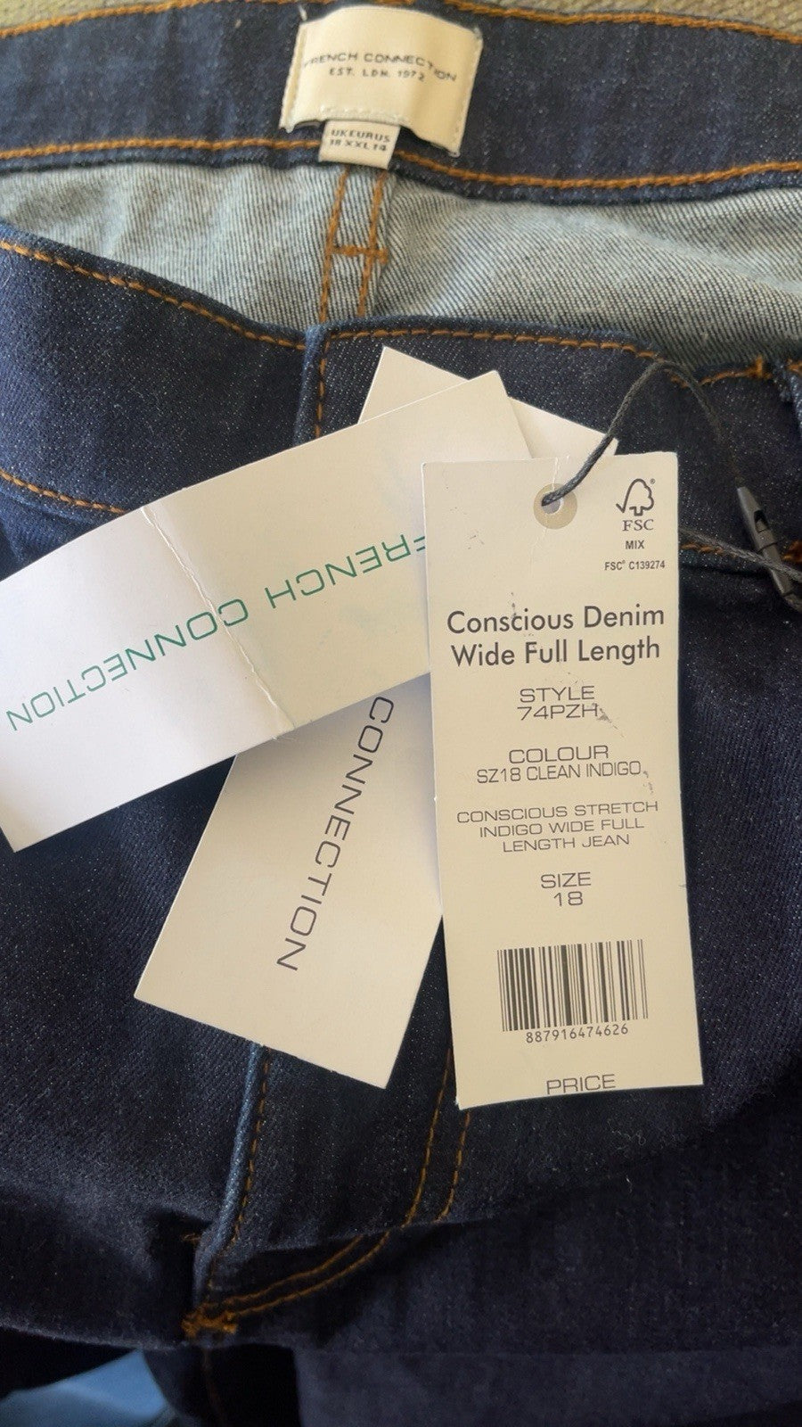 French Connection Womens Clean Indigo Stretch Wide Leg Jeans UK 18