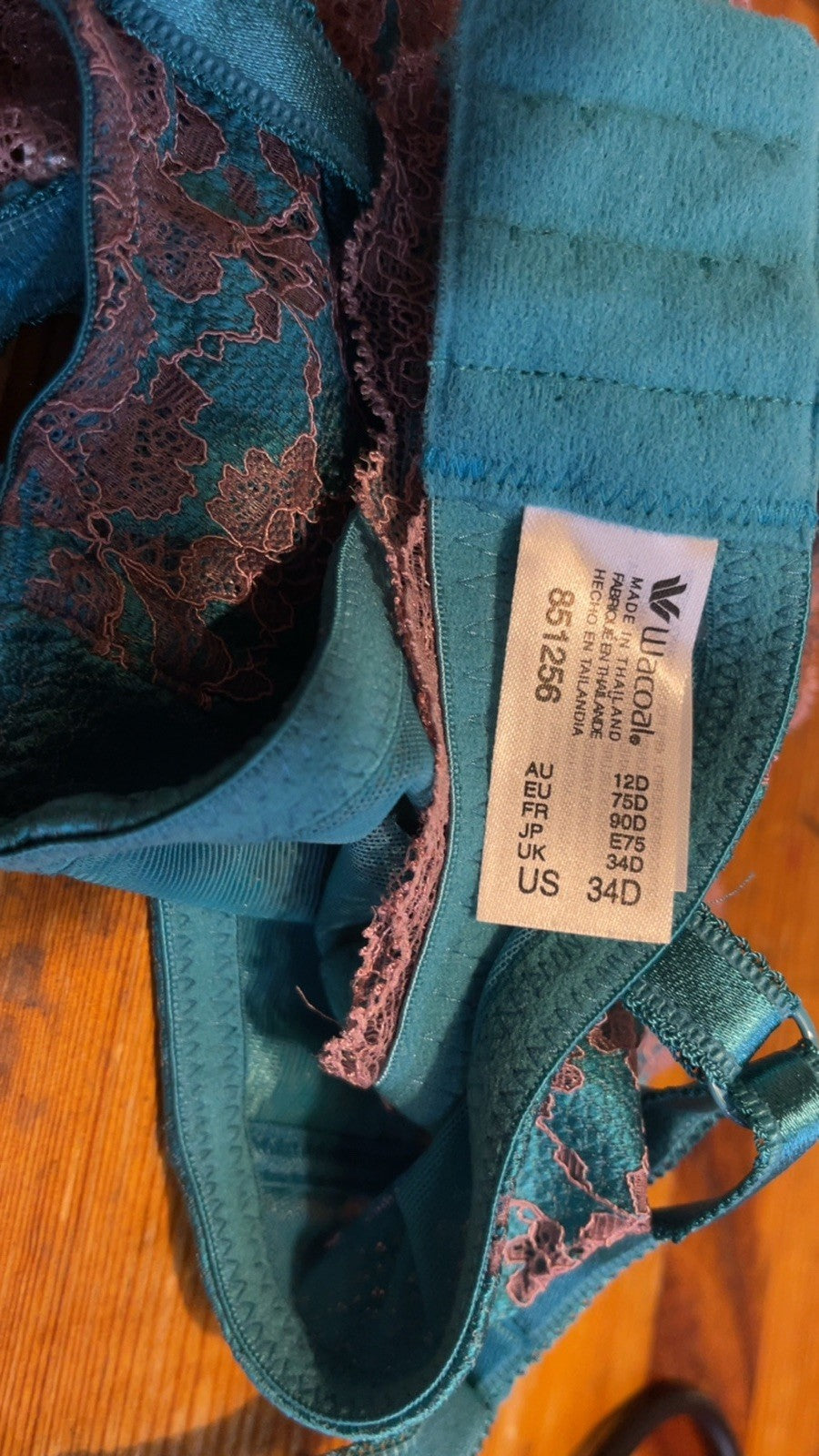 WACOAL Lace Affair stretch satin underwired bra 34D Blue Coral / Cherry Mahogany