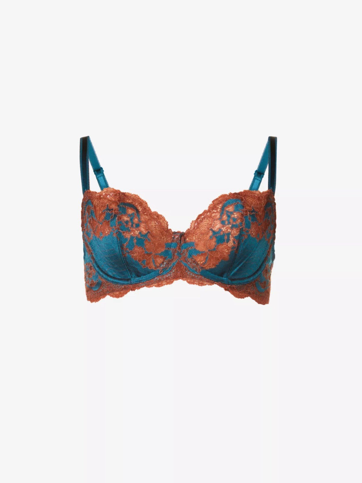 WACOAL Lace Affair stretch satin underwired bra 34D Blue Coral / Cherry Mahogany